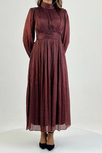 Women's Burgundy High-Necked Stone-Detailed Draped Midi-Length Tulle Dress Nbmy4206