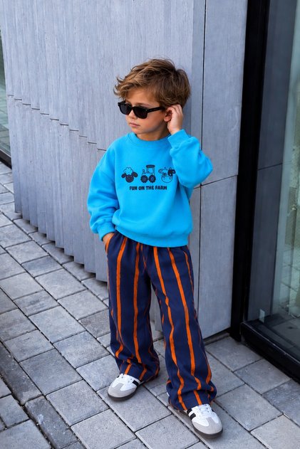Boys' Cotton 3-Yarn Blue Printed Sweatshirt and Striped Bottom Top Set