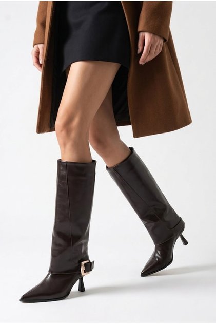 Aura Women's Boots with Side Belt Buckle, Thin Heel, Leather