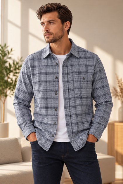 Men's Winter Plaid Flannel Shirt 100% Cotton Long Sleeve Single Pocket Comfortable Fit