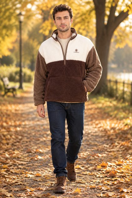 Rc-4456 Men's Ecru-Brown Half-Zip Plush Fleece Coat