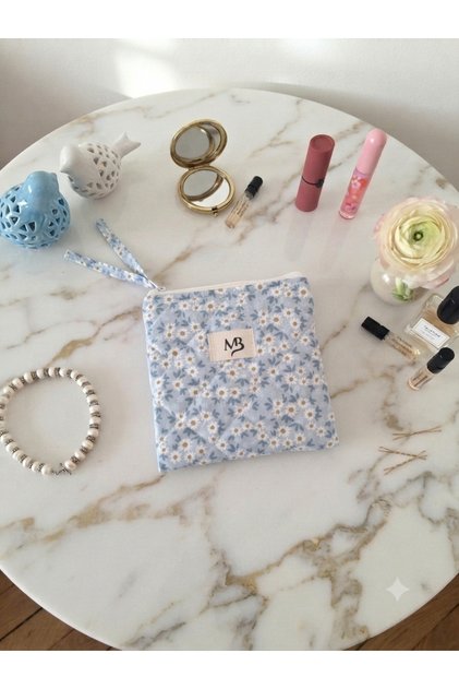 Blue Daisy Patterned Square Small Makeup Bag and Organizer Bag Collector Zippered Washable Bag