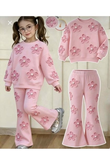 Girl's Pink Floral Patterned, Pearl-Embellished, Three-Threaded, Ruffled, Soft Outfit