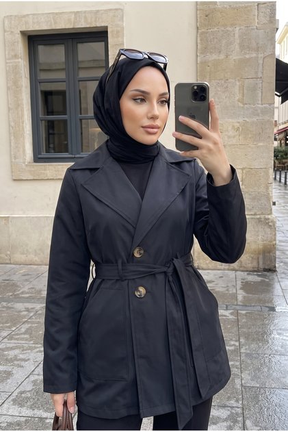 Women's Belted Short Trench Coat – Seasonal Hijab Jacket