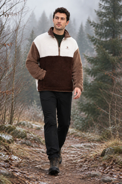 Rc-1958 Men's Ecru-Brown Half-Zip Plush Fleece Coat