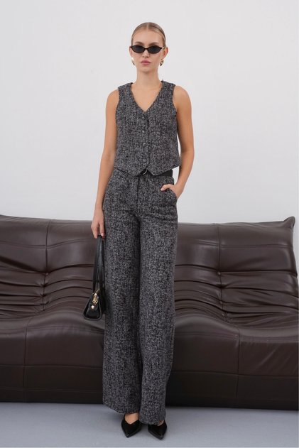 Women's Patterned Wide-Leg Palazzo Pants and Vest with Pockets and Belt