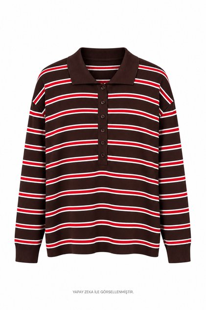 Pomel Front Buttoned Striped Knitwear Brown