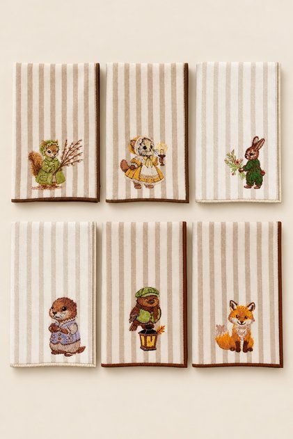 Vintage Embroidered Decorative Hand Towel Set of Six – 100% Cotton, Striped Linen Texture (30×45)