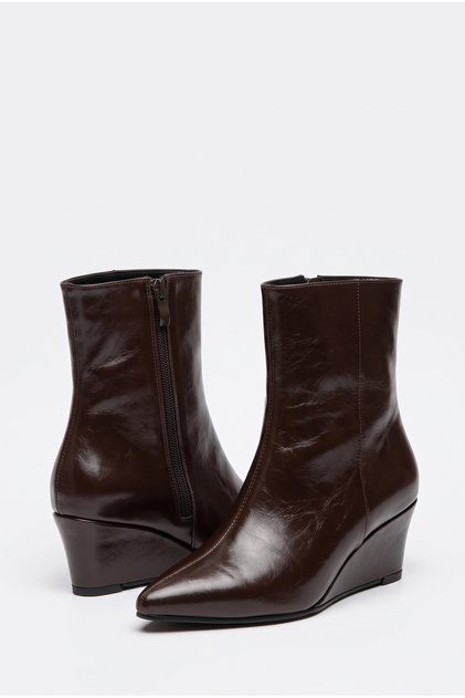 Women's Bitter Brown Pointed Toe Wedge Heeled Side Zipper Daily Stylish Ankle-Length Boots