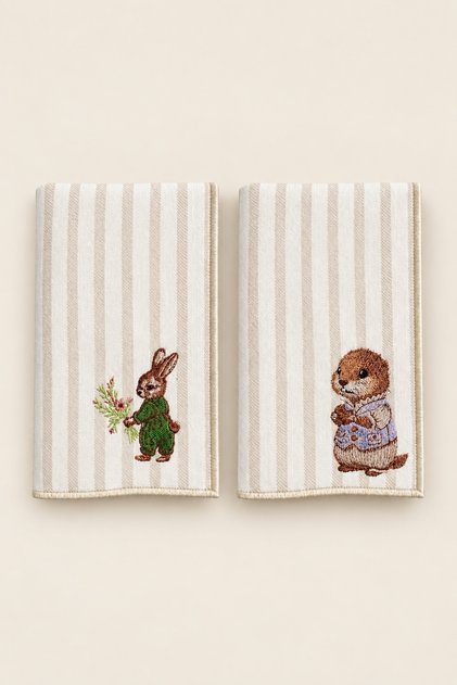 Vintage Rabbit & Cookie Keeper Embroidered Decorative Hand Towel Set of Two – 100% Cotton, Striped Linen Texture (30X45 cm)