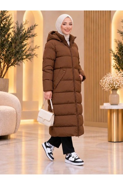 Hooded Lined Inflatable Long Coat Suitable for Women's Hijab Wear
