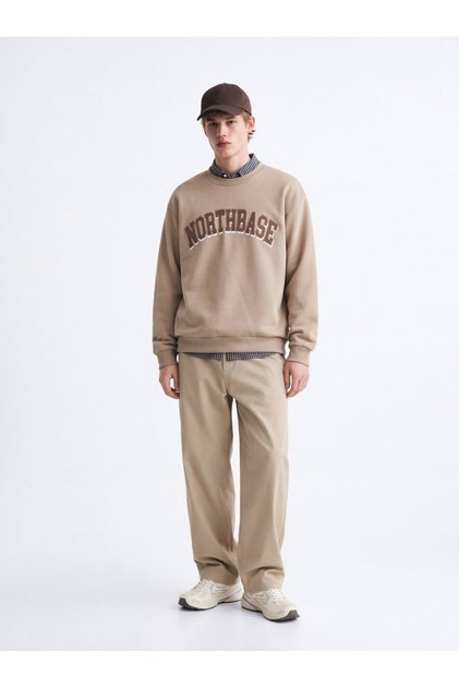 Regular Fit Letter Printed Crew Neck Beige Sweatshirt
