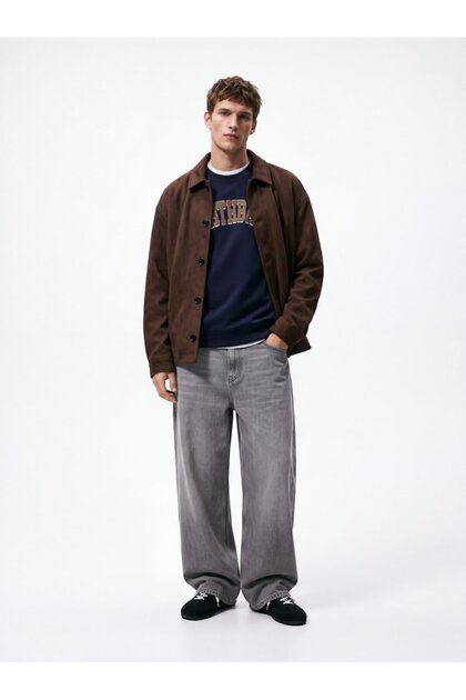 Regular Fit Letter Printed Crew Neck Navy Blue Sweatshirt