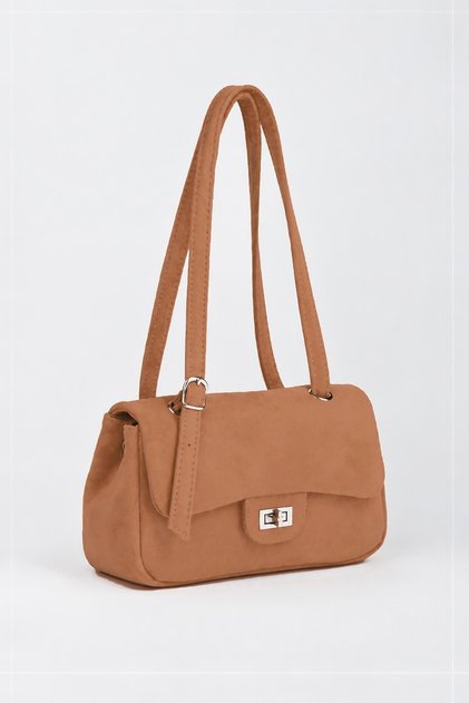 Women's Sapphire Tan Suede Flap Shoulder Bag with Lockable Adjustable Crossbody Strap and Back Pocket