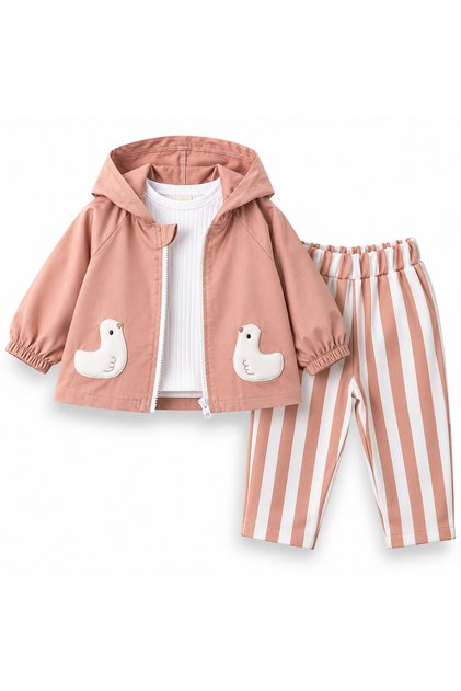 Baby Girl Duck Detailed Hooded Zippered 3-Piece Set Striped Pants and T-Shirt 9-12-18-24 Months
