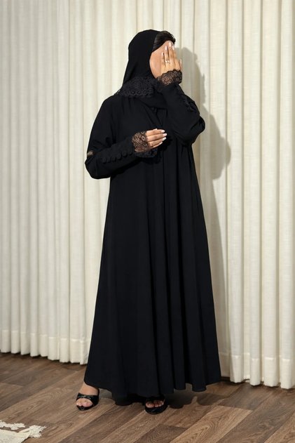 Black Balloon Abaya with Internet Fabric and Lace Trim, Comes with a Lace-Edged Headscarf from Er.