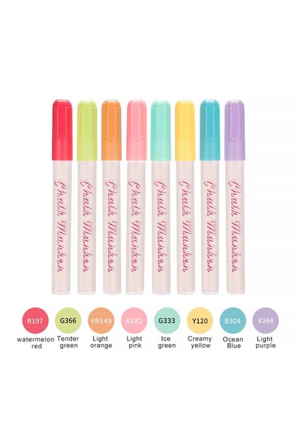 Set premium de 8 markere cu cretă lichidă, vârf reversibil 1-6mm, culori pastel, fără praf, ușor de șters, pentru tablă, sticlă, ceramică și metal