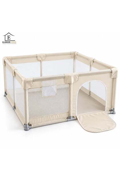 Țarc de joacă pentru bebeluși și copii Elindor ® Plasă protectoare respirabilă, Material textil Oxford, Structură cu tuburi din plastic, Spațiu generos de joacă, 127 x 127 x 65 cm, Bej