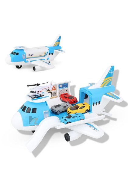 Cargo Transport Airplane Toy for Kids - Large Storage Aircraft with 4 Cars & 1 Helicopter, Tail Ramp & Removable Wings, Age 3+ (Blue)