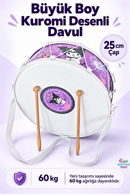 Büyük Boy 25 Cm. Oyuncak Çocuk Davul Kuromi Model 23 Nisan Gösteri Davulu
