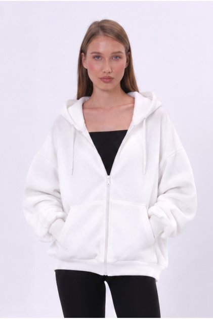White Hooded Oversize Zippered Sweatshirt
