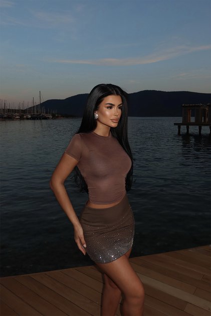 Kahverengi Sisu Mini Taşlı Etek