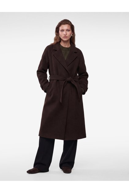Long Sleeve Buttoned Pocketed Wool Blend Double-Breasted Belted Long Cashmere Coat