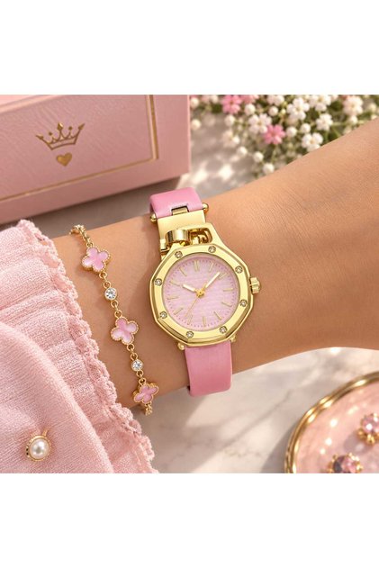 Prosha Women's Soft Pink Watch with Classic Engraved Design - a Touch of Alluring Luxury