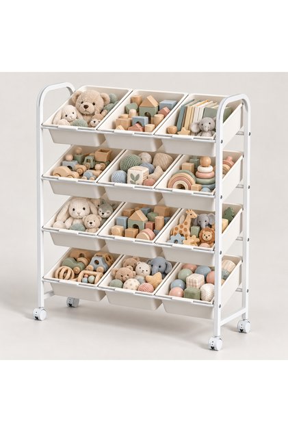 12-Bin Rolling Toy Organizer, 4-Tier Storage Rack for Kids’ Books, Toys and Art Supplies, White