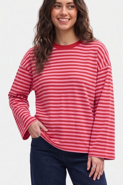 Kadın Çizgili %100 Pamuk Bisiklet Yaka Oversize Sweatshirt - Pembe 2