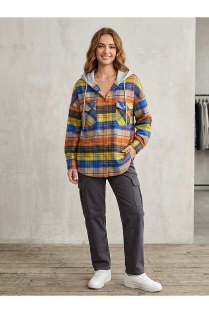 Colorful Multi-Colored Plaid Hooded Double Pocket Oversize Women's Lumberjack Shirt Jacket