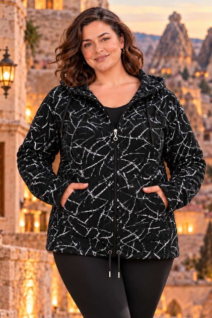 Leopard Large Size Hooded Zippered Fleece Sweatshirt - Warm and Stylish Model