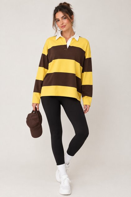 Sarı Çizgili Polo Yaka Geniş Kalıp Örme Sweatshirt