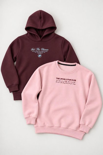 Girl's 2-Piece Hooded and Crew Neck Printed Winter Sweatshirt Set