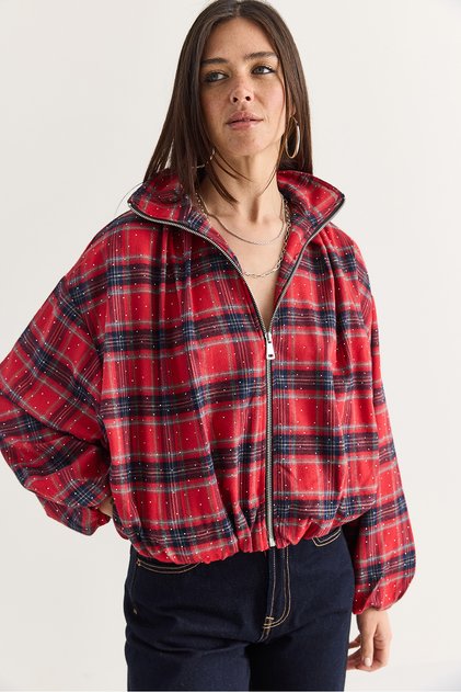 Women's Red Plaid Patterned Stone-Detailed Lined Stand-Up Collar Zippered Bomber Jacket Dc261012 60286766