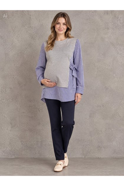Hamile İki Parça Görünümlü Çizgi ve Örme Detaylı bluz