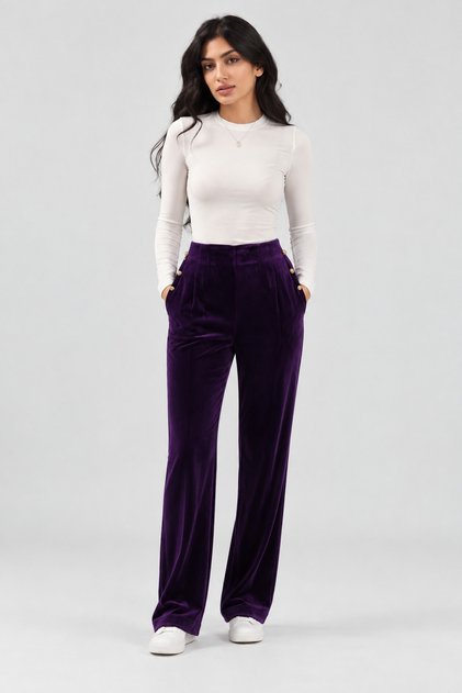 High-Waist Velvet Trousers with Gold Buttons