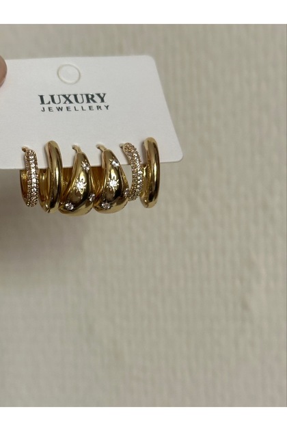 Gold Color 6-Piece Multi Hoop Earring Set with Star-Shaped Sparkling Zircon Stones and Flat Curved Earrings Set