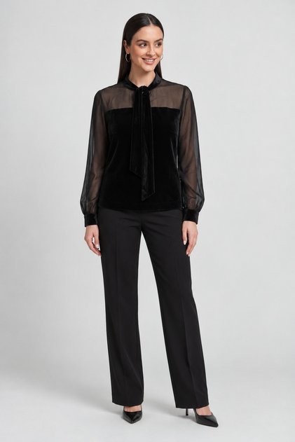 Long Sleeve Velvet Blouse with Sheer Sleeves and Neck Tie
