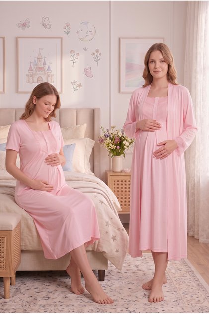 Women's Maternity 2-Piece Nightgown and Robe Set with Lace, Breastfeeding Compatible