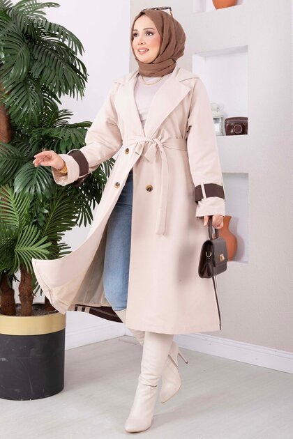 Premium Double-Breasted Collar Long Trench Coat Stone