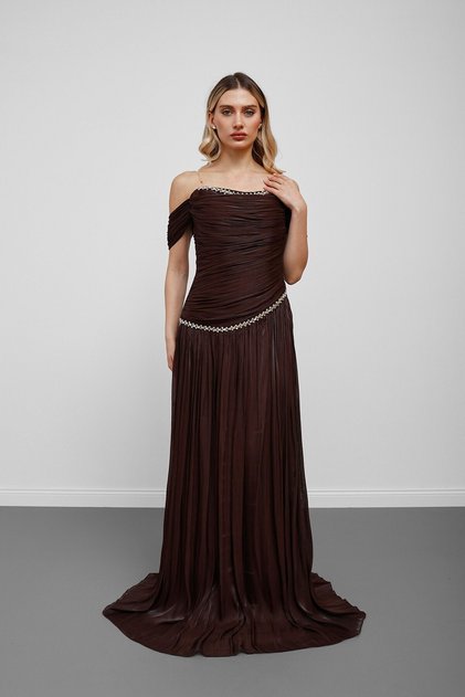 Brown strapless boat neck asymmetrical evening dress with stone embellishments