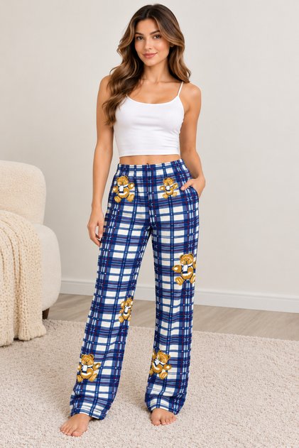 Women's Navy Blue Plaid Checkered Teddy Bear Patterned Elastic Waist Comfortable Cut Long Pajama Bottoms