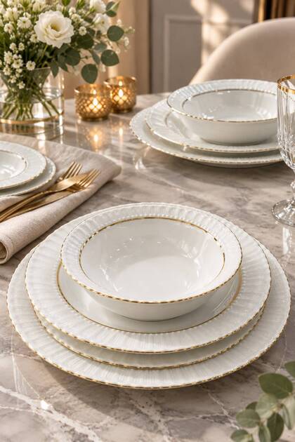 Gold Yaldızlı Beyaz Porselen Yemek Takımı 24 Parça 6 Kişilik