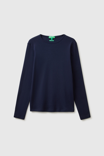 Women's navy blue 100% cotton slim fit ribbed long sleeve t-shirt