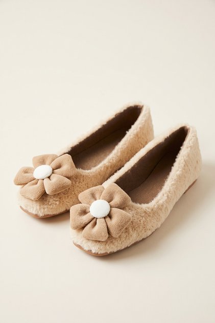 Women's Beige Plush Floral Detailed Home Ballet Flats and Casual Shoes