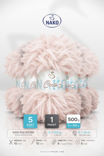 Coco • Powder Pink(97947) • 5-Pack X 100Gr / 24m • Sweater, Cardigan, Scarf, Beanie, Home Decor Knitting Yarn