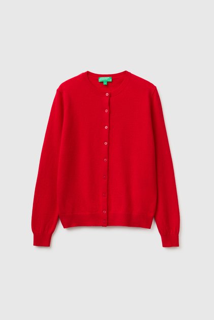 Kadın Kırmızı %100 Merino Bisiklet Yaka Hırka