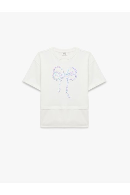 Girls White Sequined Round Neck Short Sleeves T-Shirt