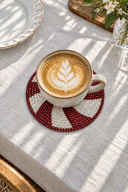 Beaded Coasters Set of 2 12X12 cm Burgundy/White